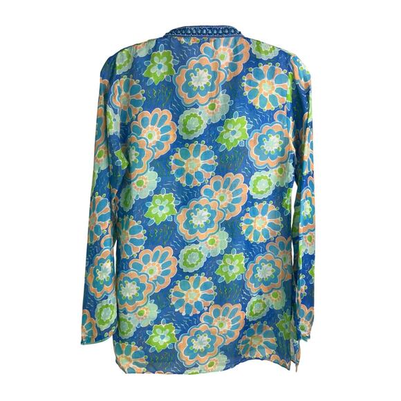 Bella Tu Top Wmns Sz XS Blue Floral V-Neck Beaded Collar Slit Side Pool Coverup - Picture 3 of 12